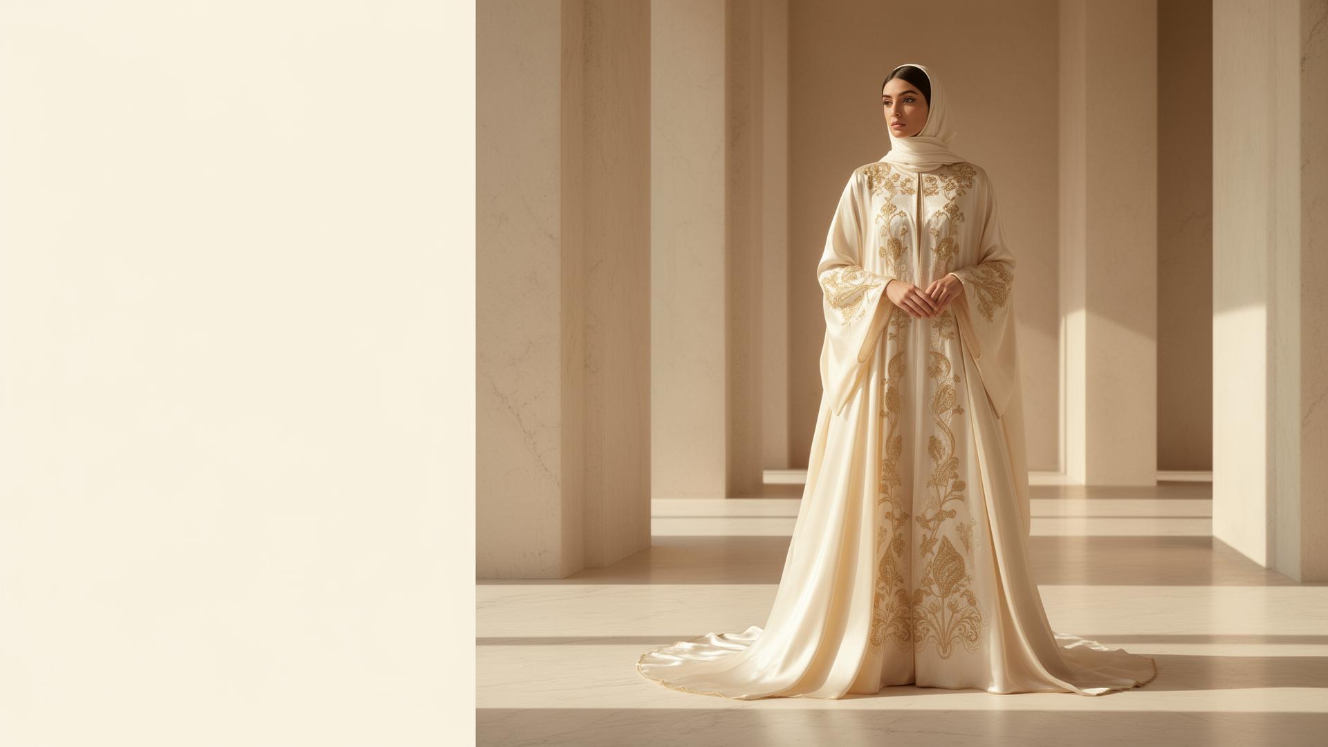 Her Highness ivory silk abaya editorial